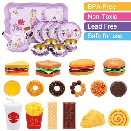 Anpro 31pcs Tea Set Toy for Little Girls, Princess Tea Time Toys Set Pretend Play Tea Set with Teapot Dishes Dessert Food & Carrying Case for Kids Girls Parties Role-Playing Games Christmas Gifts