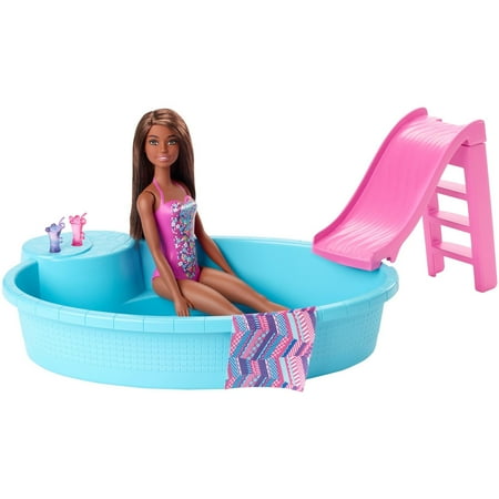 Barbie Doll and Pool Playset with Slide and Accessories, Brunette in Pink Swimsuit