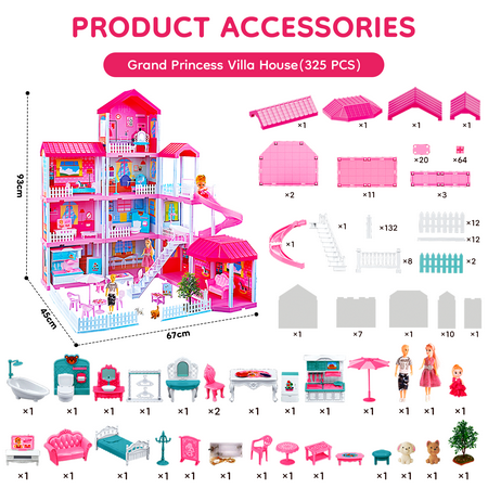 Absoke Toy for Girls 3-14 Year Old, Doll House Plus 325 Pcs 4 Stories Christmas Gift(Pink)