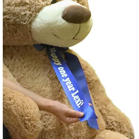 Custom Big Plush Giant Teddy Bear 5 Feet Tall - Your Name or Message Imprinted on Bear's Blue Neck Ribbon Bow - Tan Color with Bigfoot Paws Giant Stuffed Animal Bear