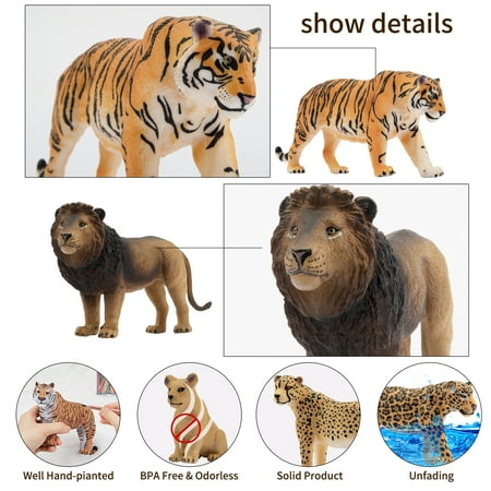 Toymany 8PCS 2-5" Plastic Jungle Animals Figure Playset Includes Baby Animals, Realistic Lion, Tiger, Cheetah, Leopard Figurines with Cub, Cake Toppers Christmas Birthday Toy Gift for Kids Toddlers