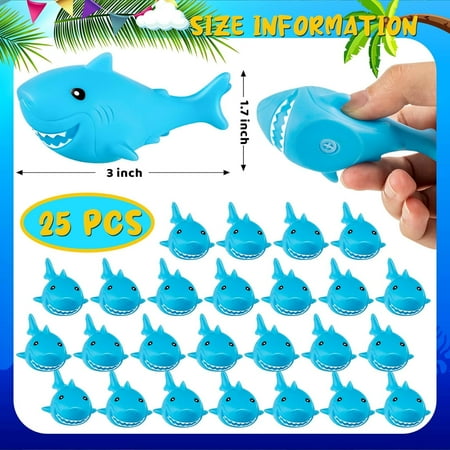 25 Pcs Rubber Sharks for Kids, Blue Shark Bath Toys Cute Floating Squeaky Mini Rubber Sharks for Shower, Classroom Carnival Prizes, Cake Decoration