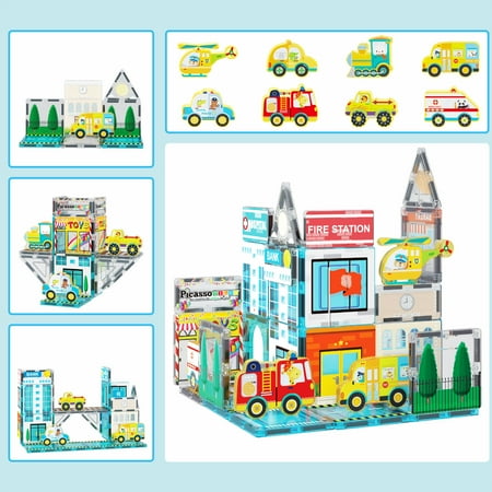 PicassoTiles 50 PC Metro City Themed, Magnetic Tiles, Magnetic Building Blocks for Kids, Magnet for Kids 3+