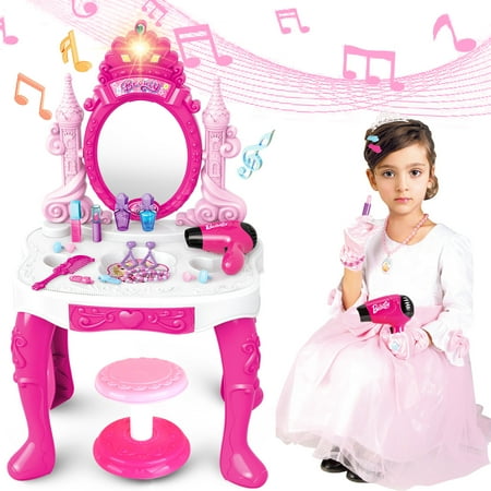 Jiakora Toddler Vanity Makeup Table with Mirror and Chair, Kids Pretend Play Vanity Set with Accessories and Lights and Music for 2-5 Years Old, Pink