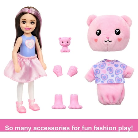 Barbie Cutie Reveal Cozy Cute Tees Series Chelsea Doll & Accessories, Plush Teddy Bear, Brunette Small Doll