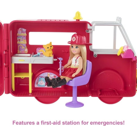 Barbie Chelsea Fire Truck Playset, Chelsea Doll (6 inch), Fold Out Firetruck, 3 & up