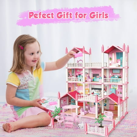 Freecat Doll House Kit Girls Toy, 11 Rooms DIY Pretend Play Dollhouse Playset Toys with Accessories and Furniture, Princess House for Toddlers, Christmas Birthday Gifts for 6-12 Year Old Girls (Pink)