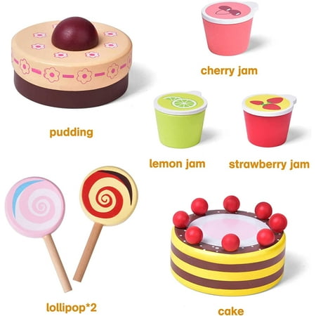 8 PCs Wooden Play Food for Kids Kitchen, Wooden Dessert Play Set for Kids, Pretend Play Food