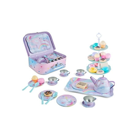 42 Piece Tea Party Set For Little Girls Gift Pretend Kids Toy Tin Tea Set