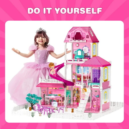 Hot Bee Dollhouse for Girls,4-Story 12 Rooms Playhouse with 2 Dolls Toy Figures,Pretend Doll House with Accessories,Gift Toy for Kids Ages 3 4 5 6