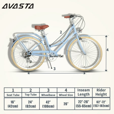 AVASTA Hybrid Bike for Women Female Lightweight Step Through 26 inch Hi-Ten Steel Frame City Commuter Comfort Lady Bicycle, 6-Speed, Color Blue with Beige Tires