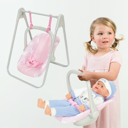 Yexmas 2 in 1 Baby Doll Swing and Portable Carrier Seat for 18 inch Dolls ,Gift for Boys & girls Pink