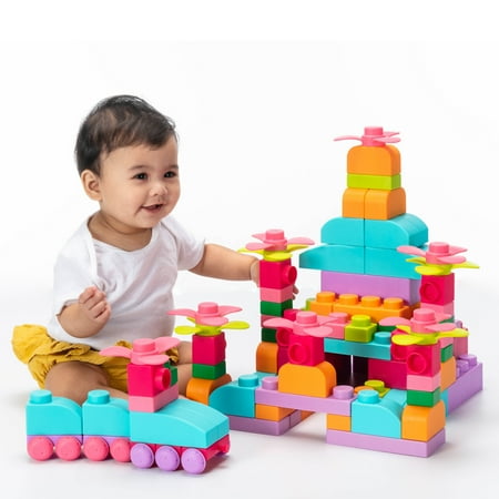 UNiPLAY Plus Soft Building Blocks — Creativity Toy, Educational Play, Cognitive Development, Early Learning Stacking Blocks for Infants and Toddlers, Pink (42-Piece Set)