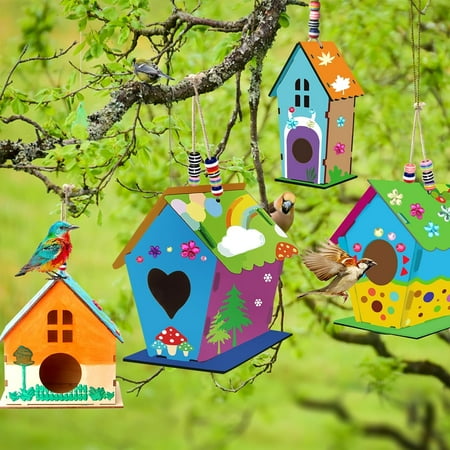 4 Pack Bird House Kits for Kids Ages 4-6 8-12, DIY Birdhouse Crafts for Kids to Build and Paint, Painting for Kids Ages 4-8, Wooden Birdhouse Arts, Ideal Birthday, Children's Day ,Christmas Gift