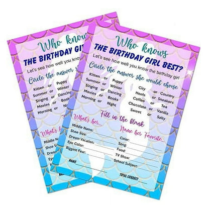 Mermaid Who Knows The Birthday Girl Best Game, Mermaid Themed Birthday Party Ideas, Fun Game For Sleepover, Play Pack of 30 Cards 5”x7”. Made in USA