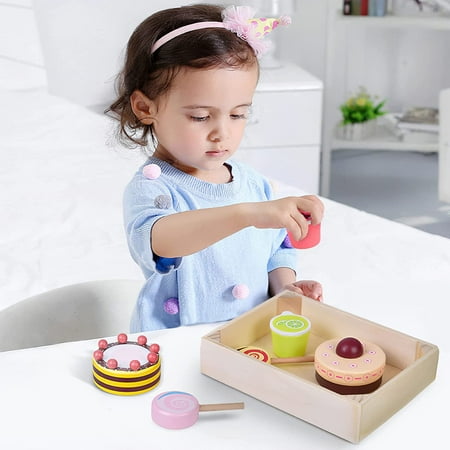 8 PCs Wooden Play Food for Kids Kitchen, Wooden Dessert Play Set for Kids, Pretend Play Food