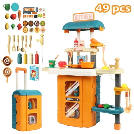 Zacro Play Kitchen Set for Kids, 49PCS Kids Kitchen Playset with Sound & Light, Play Sink and Toy Kitchen Accessories, Pretend Kitchen Play Food Toys for Boys and Girls, Toddler Kitchen Set, Yellow