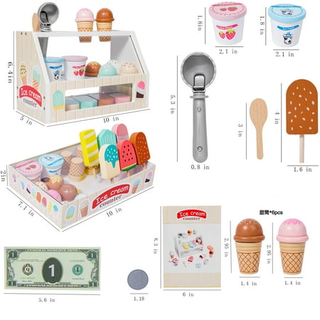 Wooden Scoop and Serve Ice Cream Counter (40 pcs) - Play Food and Accessories - Pretend Food Toys, Ice Cream Shop Toys For Kids Ages 3+