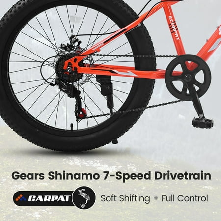 24 inch Fat Tire Bike, Shimano 7-Speed, Dual-Disc Brakes, Orange Trail Mountain Bike for Adult/Youth