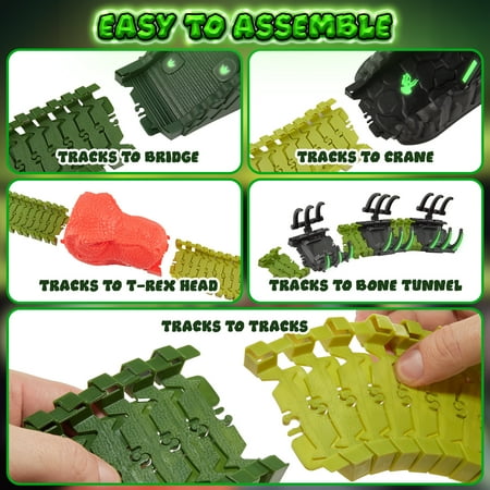 USA Toyz Dinosaur Dash Track STEM Set Toy, 6 Dinosaurs, LED Dino Car, 225 Piece Tracks for Kids Ages 3+