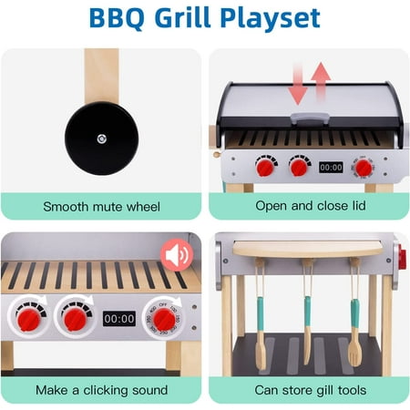 TOOKYLAND Wooden Play Kitchen BBQ - Toy Grill Set for Kids, Pretend Cooking Playset, 3 Year Old +