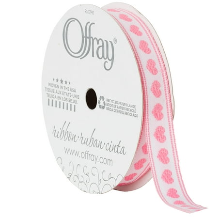 Offray Ribbon, Pink 3/8 inch Hearts Woven Ribbon, 9 feet