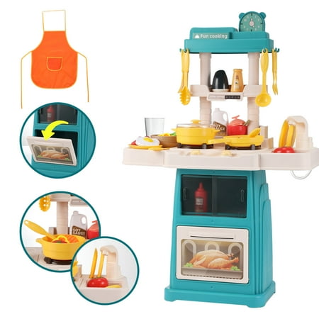 Play Kitchen Set for Kids, Lictin 48PCS Kitchen Playset with Real Sounds & Lights, Simulation Kitchen Cooking Toys with Apron, Pretend Play Food Toys Gift for Boys Girls, Green