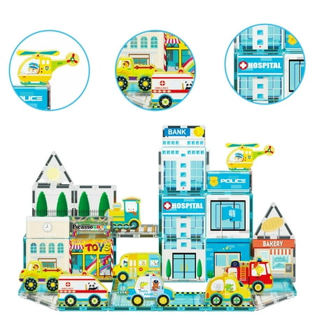 PicassoTiles 50 PC Metro City Themed, Magnetic Tiles, Magnetic Building Blocks for Kids, Magnet for Kids 3+