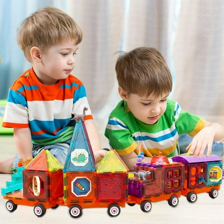 Magnetic Tiles Building Blocks with 4 Cars Magnet Train Set for Kids Construction STEM Toy Preschool Educational Creativity Learning Toys for Girls Boys Toddlers 3 4 5 6 7 8 Years Old