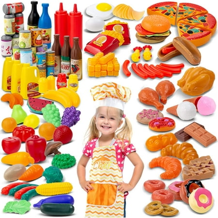 ToyVelt 130-Piece Pretend Play Food Toys for Kids Play Kitchen - BPA-Free Kitchen Toys and Plastic Toy Food- Includes Canned Goods, Vegetables, Fruits, Fast Food, Pastries, Bonus Chef Hat and Apron