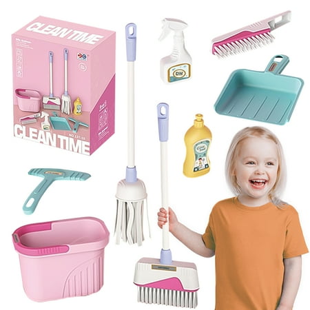 Style-Carry 8 Pcs Kids Cleaning Set, Kids Toys for Girls 3 4 5 6 Years, Pretend Play Housekeeping Tools Toys Broom and Mop Set Birthday Gift for Girls (Pink)