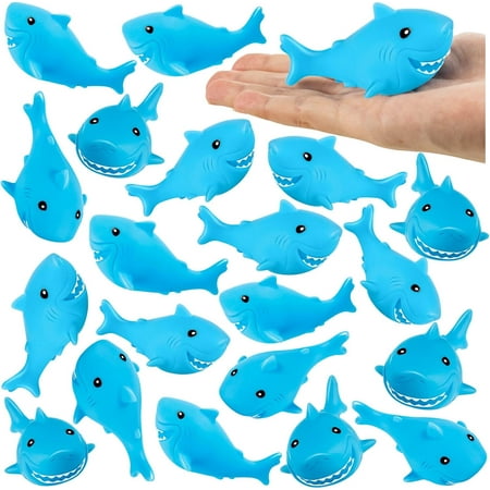 25 Pcs Rubber Sharks for Kids, Blue Shark Bath Toys Cute Floating Squeaky Mini Rubber Sharks for Shower, Classroom Carnival Prizes, Cake Decoration