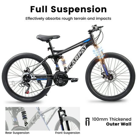 24 inch Mountain Bike for Kids, Full Suspension Boys Bike with Disc Brakes 21 Speeds, Black