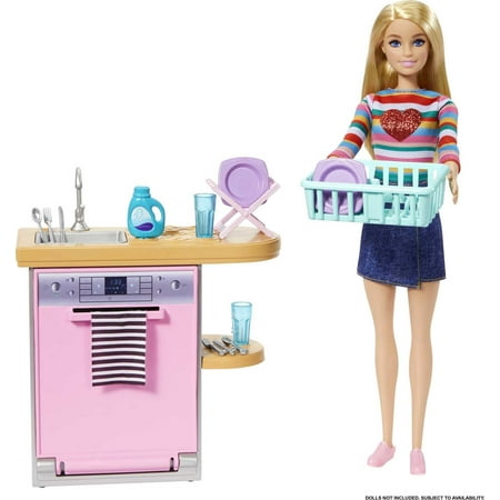 Barbie Indoor Doll House Furniture Set, Dishwasher with Counter & Kitchen Accessories