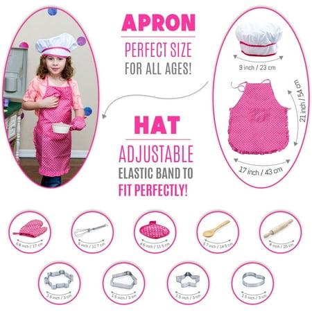 11Pcs Kids Chef Set, Kitchen Cooking and Baking Kits, Pretend Play Dress Up Role Play Toys, Includes Apron, Chef Hat, Oven Mitt, Wooden Spoon, Cookie Cutters, Rolling Pin for Girls Birthday Xmas Gift