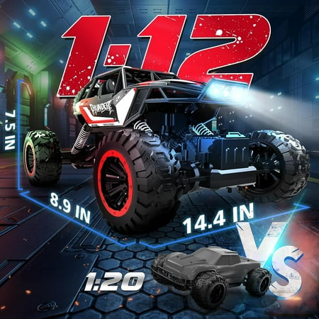 1:12 RC Cars 4WD off Road 2.4Ghz RC Monster Truck with Metal Shell and Light, Remote Control Car Crawler for Adult and Kid, 2 Batteries, Red