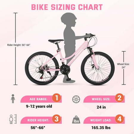 Youth/Adult Mountain Bike, 24 inch Womens Bicycles, Bicicletas Para Mujer for Teenagers Girls, Women MTB with Shimano 21 Speed Grip Shiter and Dual Hand Brakes, Pink