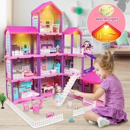 Beefunni Dollhouse, with Slide, Dolls and 11 Rooms, Creative Dollhouse Toys for Girls, Christmas Birthday Gifts for Girls 3 to 6 Year Old