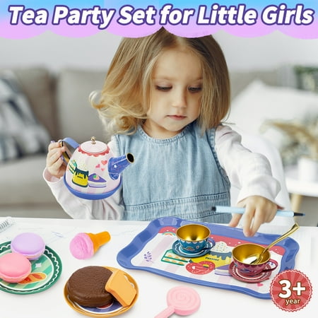 WISESTAR Tea Party Set for Little Girls- 50Pcs Kids Tea Set with Food Treats Playset & Carrying Case- Tin Tea Set for Princess Kitchen Pretend Play Toy for Toddlers Age 3-10