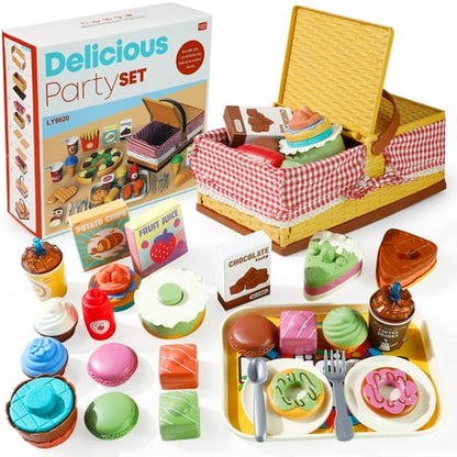 Pretend Play Food Sets Toys for Girls 3-6 Years Picnic Basket Kitchen Toys Accessories Toddlers Boys Girls Gift