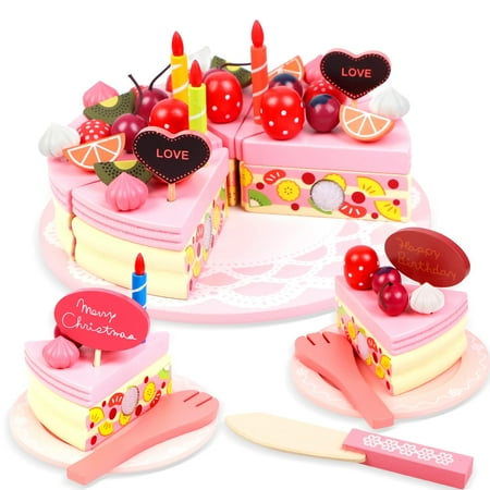 Wooden Cutting Birthday Cake Toys, DIY Pretend Food Play with Wood Candles/Fruits/Dishes/Forks, Learning Educational Kitchen Toys for 1-6 Years