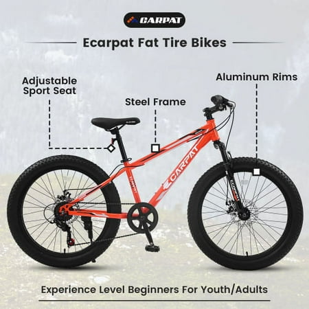 S24109 24 Inch Fat Tire Bike Adult/Youth Full Shimano 7 Speeds Mountain Bike, Dual Disc Brake, High-Carbon Steel Frame, Front Suspension, Mountain Trail Bike, Urban Commuter City Bicycle