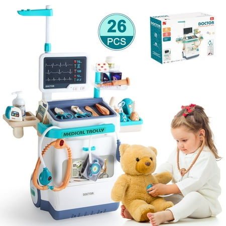 AOPOY Play Doctor Kit for Kids Toddler, 26 pcs Pretend Medical Station Set with Mobile Cart, Height Measuring Rod, Thermometer, Stethoscope, Educational Preschool Toys for Girls Boys