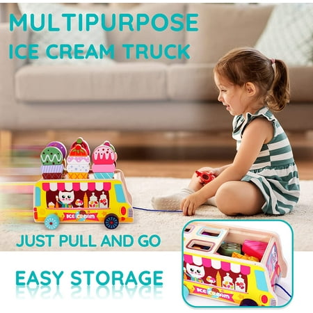 Wooden Ice Cream Truck, 28 pcs Magnetic Ice Cream Sweet Treats Pretend Play Food & Accessories, Montessori Sorting & Stacking Toys for Toddler Girls & Boys Age 2-4