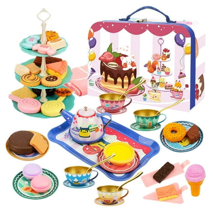 WISESTAR Tea Party Set for Little Girls- 50Pcs Kids Tea Set with Food Treats Playset & Carrying Case- Tin Tea Set for Princess Kitchen Pretend Play Toy for Toddlers Age 3-10