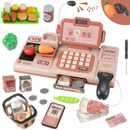 Petbank Pretend Play Calculator Cash Register Toy, 35PCS Grocery Store Cash Register Playset, with Credit Cards Machine, Microphone, Scanner, Learning Toys for Age 3+, Pink