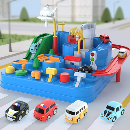 Adventure Race Car Tracks Toys for 3 4 5 6 Year Old Boys Parent-Child Interactive Racing Kids Game Set with Police car, Ambulance, School Bus, Taxi