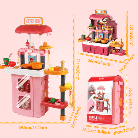 Anpro 28Inch Play Kitchen Set for Kids, 49PCS Pretend Play Kitchen with Sounds & Lights, Toy Kitchen Cooking Set, Best Gifts for Toddlers Age 3+, Pink