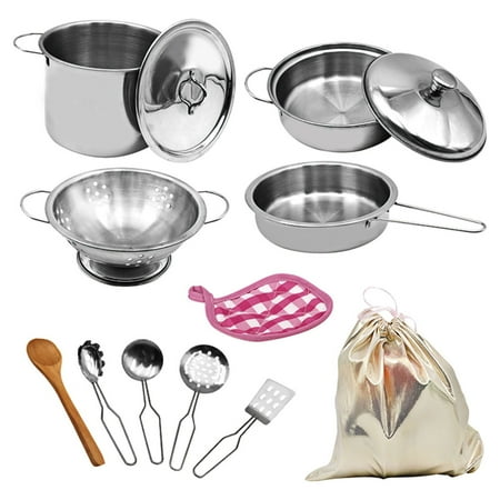 Anself 12 PCS Kitchen Set Pretend Play with Storage Bag Simulated Kitchen Stainless Steel Soup Pot Pan Shovel Spoon Role Playset Cooking Set Gift for Girls Boys