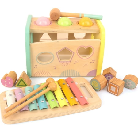 WOODENFUN Hammering Pounding Toys Wooden Educational Toy Xylophone Shape Sorter for Toddlers